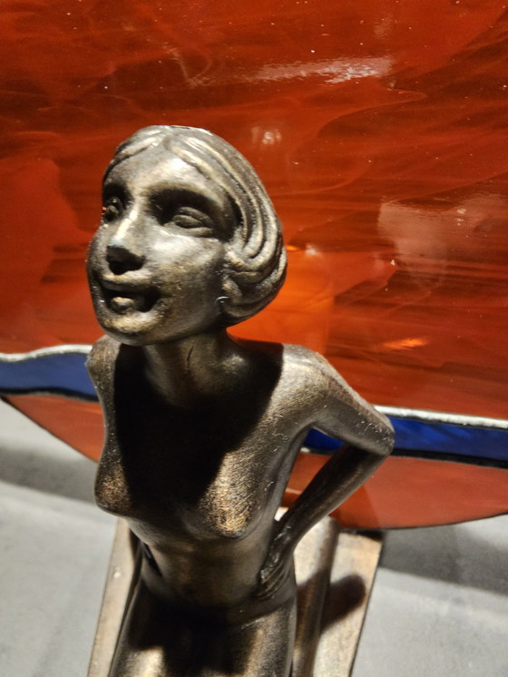 Image 1 of Art Deco lamp MCM 1960, probably bronze with Tiffany style glass shade.