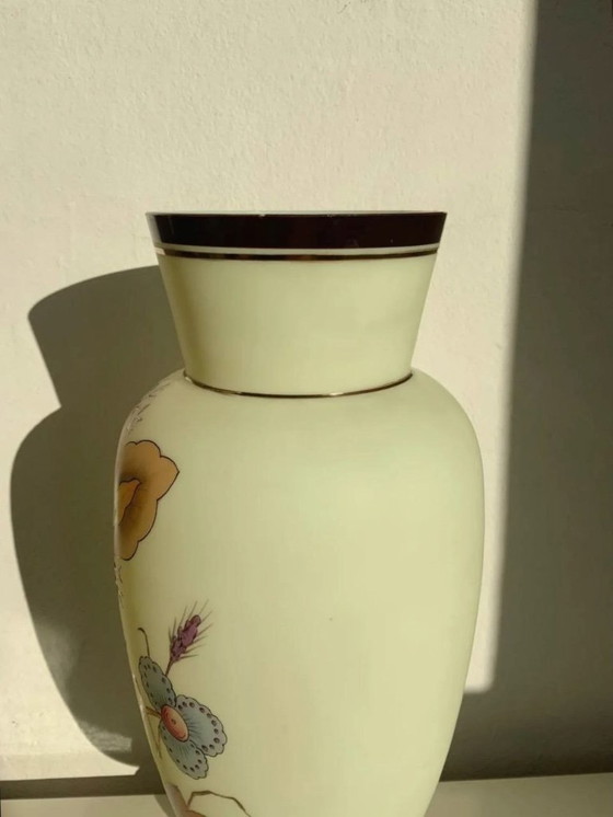 Image 1 of Antique Bohemian Art Nouveau Uranium Satin Glass Vase - Harrach - c. 1900