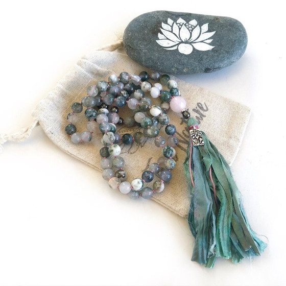 Image 1 of Mala For Emotional Balance - Yoga Prayer Beads - Agate & Rose Quartz - 108 Bead Mala Necklace - Sari Silk Tasse