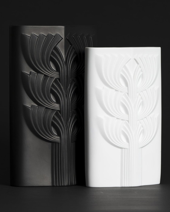 Image 1 of Rosenthal Rosemonde Nairac Bisque Porcelaine Vase Duo Tree Of Life Op-Art Noir & Blanc