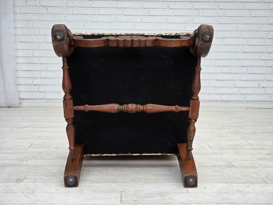 Image 1 of Poltrona scandinava con schienale alto, anni '50, tessuto per mobili, legno di quercia intagliato a mano.