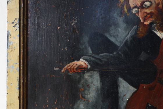 Image 1 of Peinture sur bois du 20e siècle signée S. Gil représentant un violoncelliste dans un théâtre à Paris