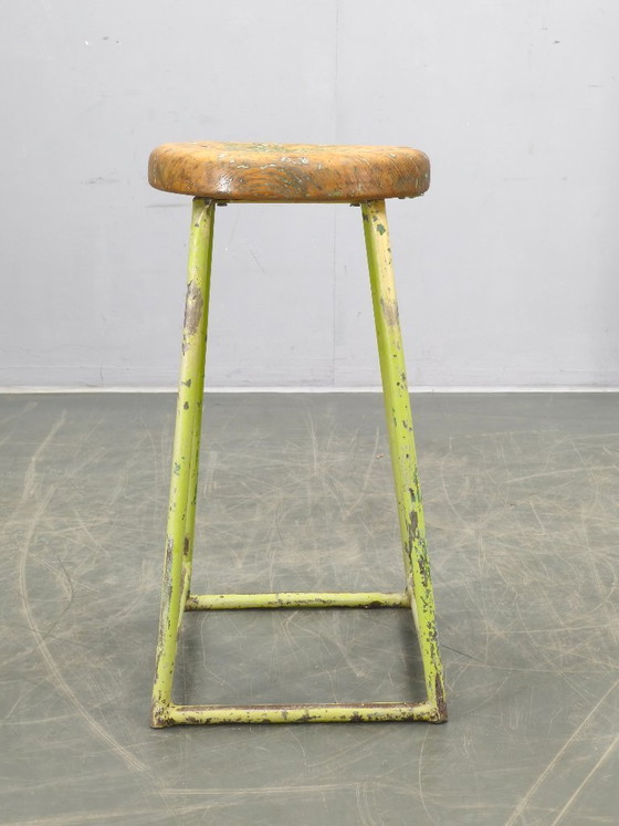 Image 1 of 1940s Czech Industrial Stool with Pine Seat and Green Patina