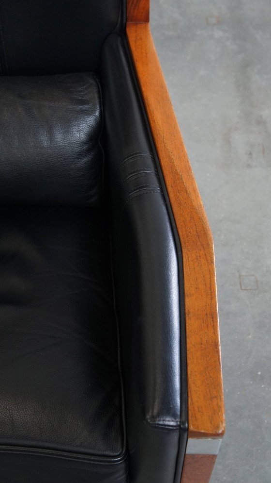 Image 1 of Black cowhide leather and wood Art Deco design armchair by Schuitema from the decoforma series