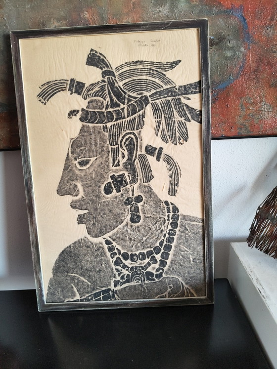 Image 1 of Original 1967 Mid-Century Maya Stone Rubbing – Palenque, Mexico (Framed)