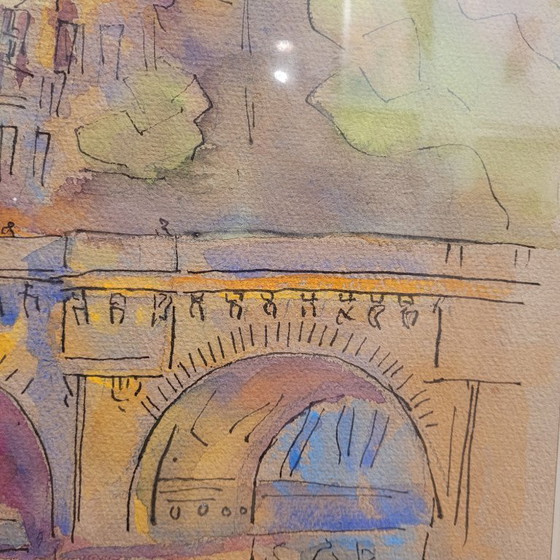 Image 1 of Aquarelle sur papier « Pont Marie, Paris », post-impressionnisme, signée Gilis, 1962 - France
