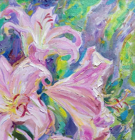 Original Oil Painting Summer Nature Flower Pink Lilies, Paintings & Drawings, Canvas, Green (photo 3 of 5)