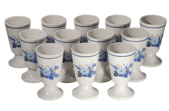 12 vintage aardewerken Mazagrans, blauwe bloemversiering, 7x13cm – Tafelwaar, Ceramic (photo 5 of 5)