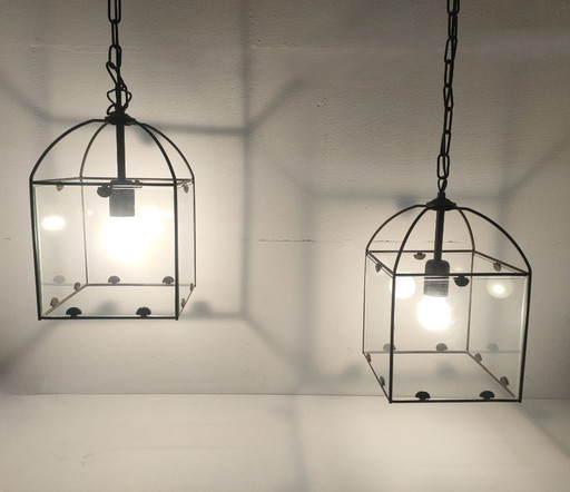 Ensemble de lampes suspendues rétro Amedi en verre/métal des années 90 (1 grande/double) 2 simples.