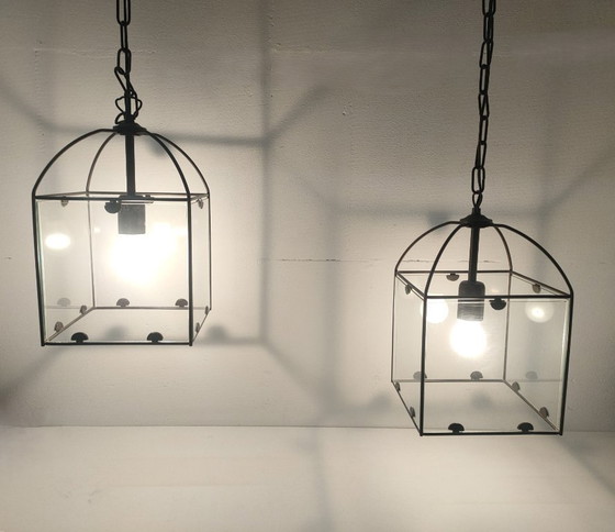 Image 1 of Ensemble de lampes suspendues rétro Amedi en verre/métal des années 90 (1 grande/double) 2 simples.