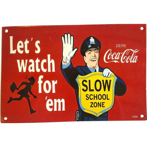 Vintage-Schild "Langsame Schulzone" in emaillierter Metallplatte, 1959