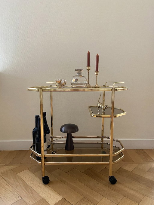 Vintage brass bar cart with removable tray