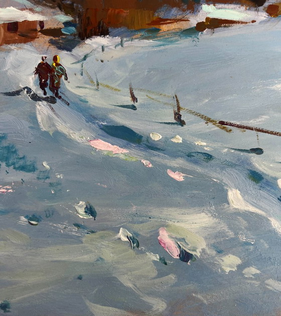 Image 1 of Original Oil Painting Winter Village Landscape Along the snowy path