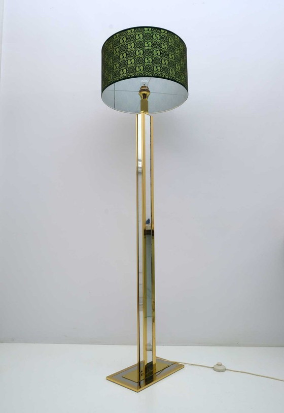 Image 1 of Romeo Rega Mid Century Moderne Italiaanse messing vloerlamp met Gucci stof, 1970