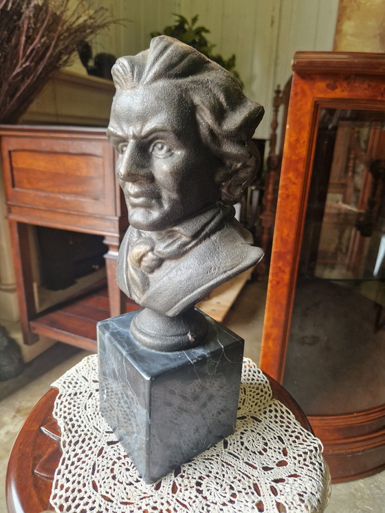 Image 1 of Heavy iron bust of Beethoven on a marble base