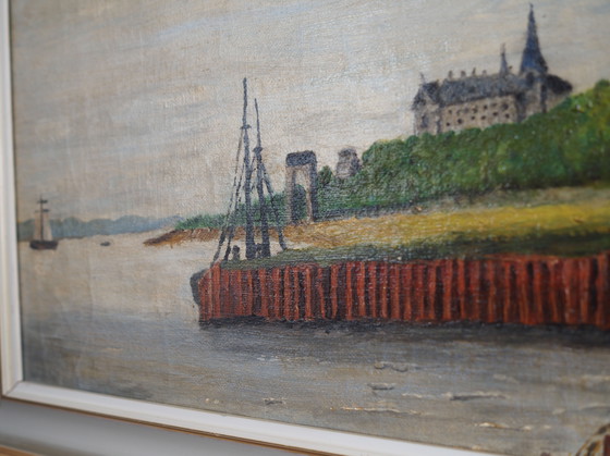 Image 1 of Peinture "Le moulin à vent au-dessus de la marina", design scandinave, années 1970