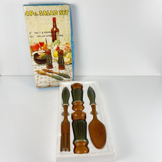 Image 1 of Grünes Keramik-Salz- und Pfefferstreuer-Set sowie Salatbesteck, 1970