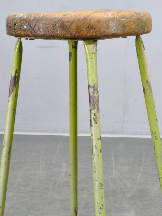 Image 1 of 1940s Czech Industrial Stool with Pine Seat and Green Patina