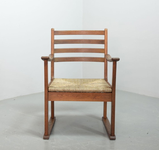 Image 1 of Very Rare Single Bas van Pelt Brutalist Oak Armchair with Woven Rush Seat for My Home. The Netherlands, 1940s.