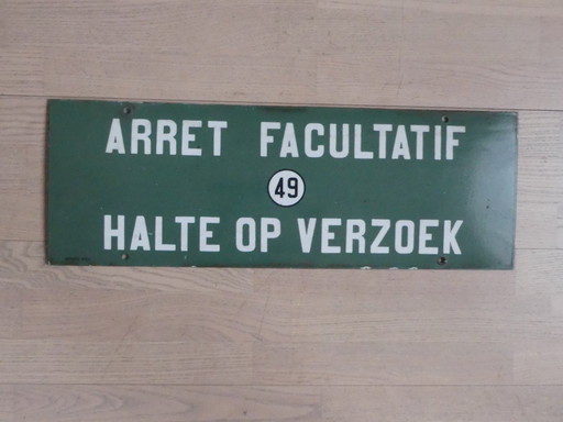 HOWOCO BRUX enamel sign. "Arret facultatif - Stop on request" vintage