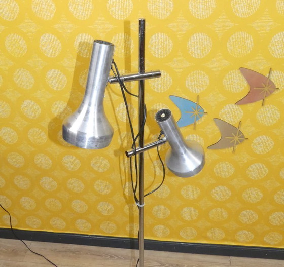 Image 1 of 60s 70s vloerlamp SLZ Swisslamps International metallic zilver 2 lampen zwenkbare vloerlamp sputnik space age panton