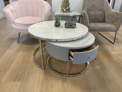 Juego de mesa de centro nido NOVELA - Mármol blanco, cerámica y cromo - 80 cm + 60 cm