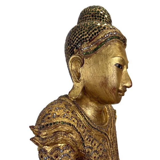 Antieke Birmese Jambupati Boeddha met glasinleg, 57 cm hoog. – Beeldhouwkunst, Wood (photo 13 of 16)