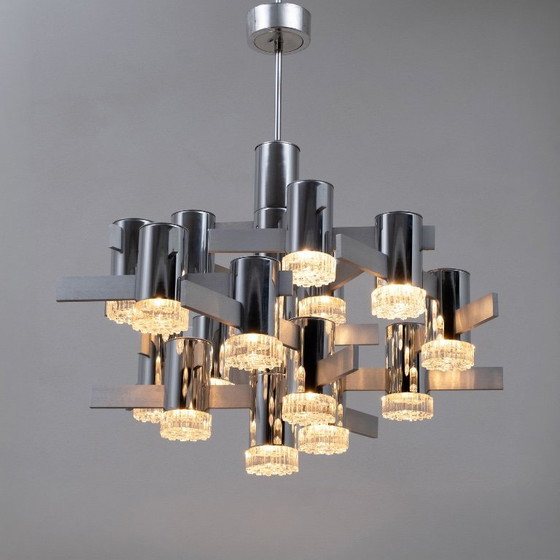 Image 1 of Geometric chrome and crystal chandelier, Gaetano Sciolari, Italy, 1970s