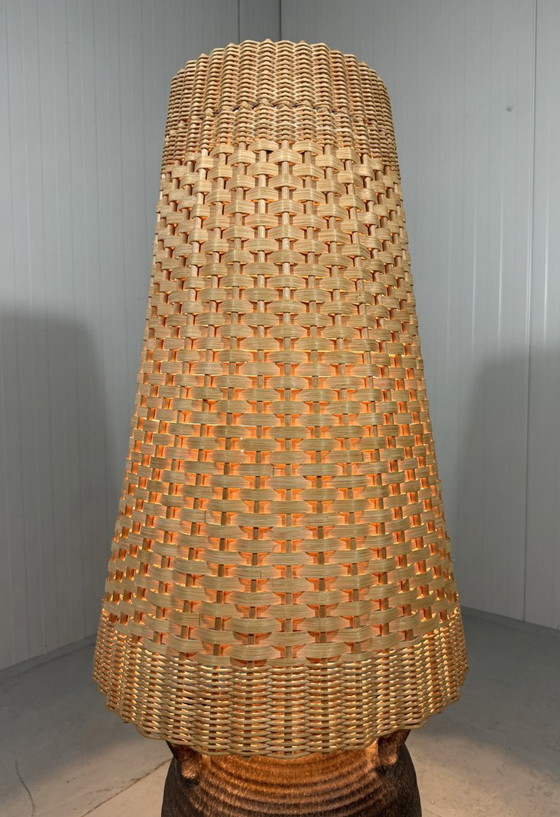 Image 1 of Large pottery floor lamp with rattan shade 1960's