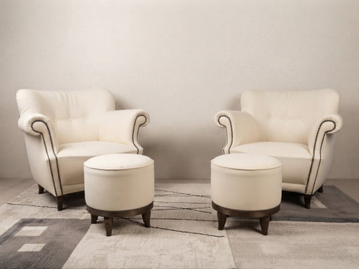 Vintage Lounge Chairs and Ottomans in Cream, 1940s, Set of 4