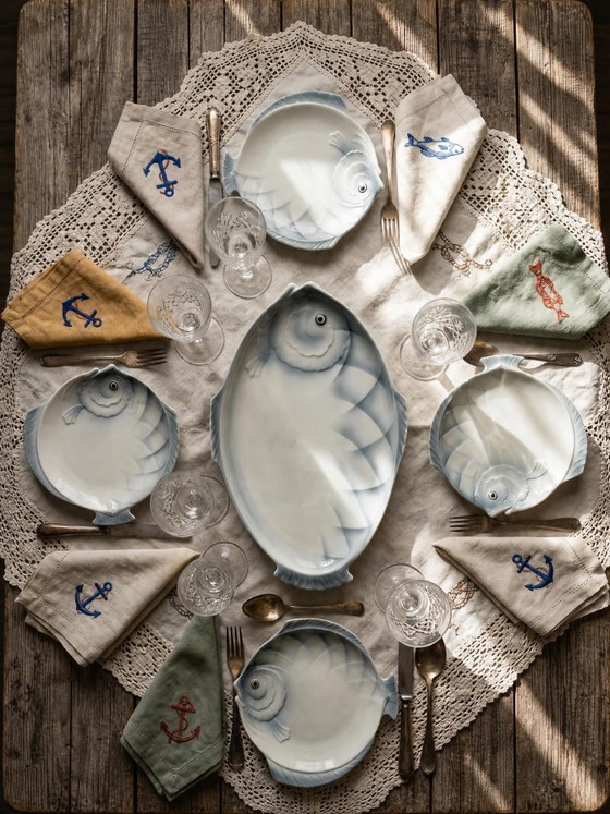 Image 1 of Vintage Czechoslovakian earthenware fish service, 6 plates and one platter