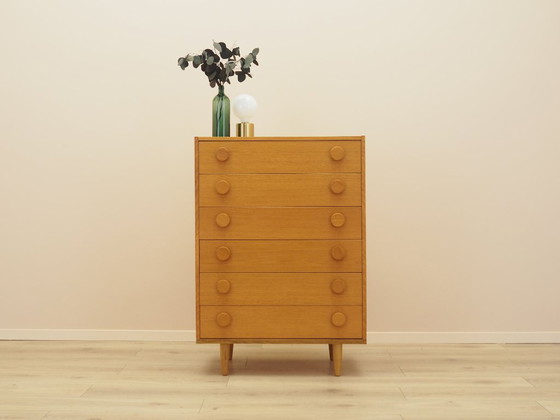 Danish chest of drawers in ash veneer, six drawers, 1970s, Wood, Yellow (photo 2 of 15)