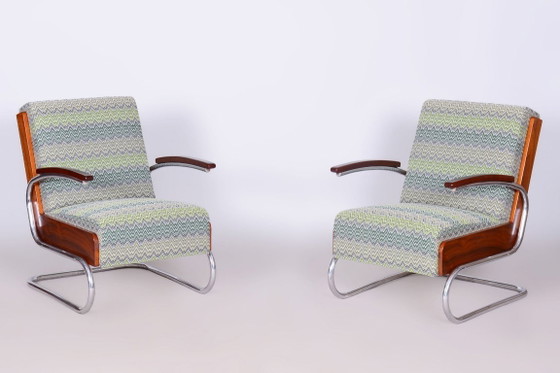 Gerestaureerde art-deco fauteuil, beuken, sparren, walnoot, chroom, Tsjechisch, jaren 1930 – Textile, Wood (photo 14 of 14)