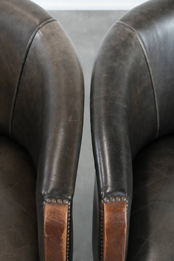 Image 1 of 2 sedie a vasca in pelle di mucca e legno con una bella e robusta combinazione di colori