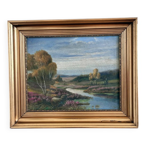 Peinture à l'huile originale vintage représentant un paysage de rivière