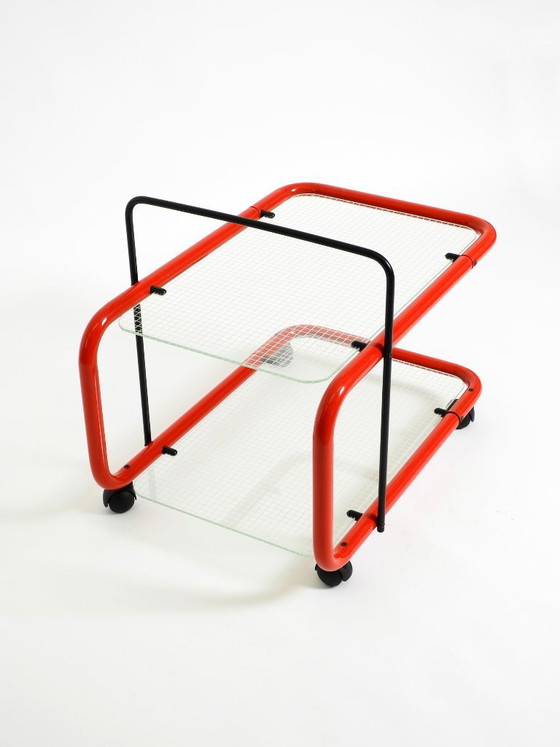 Image 1 of Carrello bar o di servizio postmoderno italiano degli anni '80 in metallo e vetro
