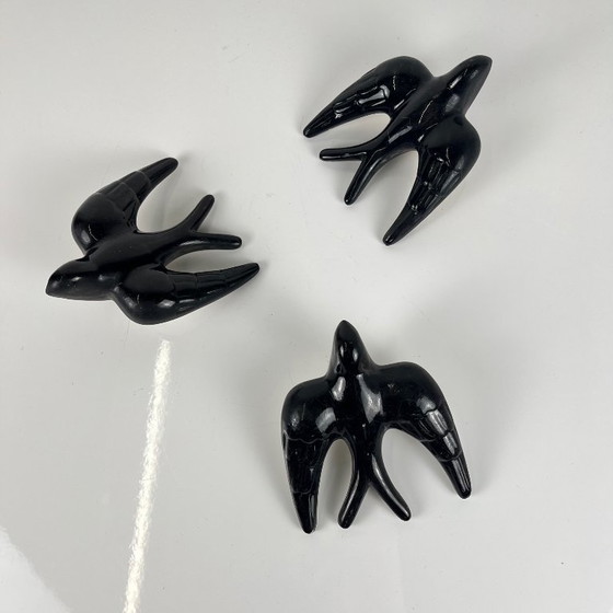 Vintage black ceramic swallow trio, 1950/60, Portugal, Decorative Objects, Metal (photo 9 of 9)