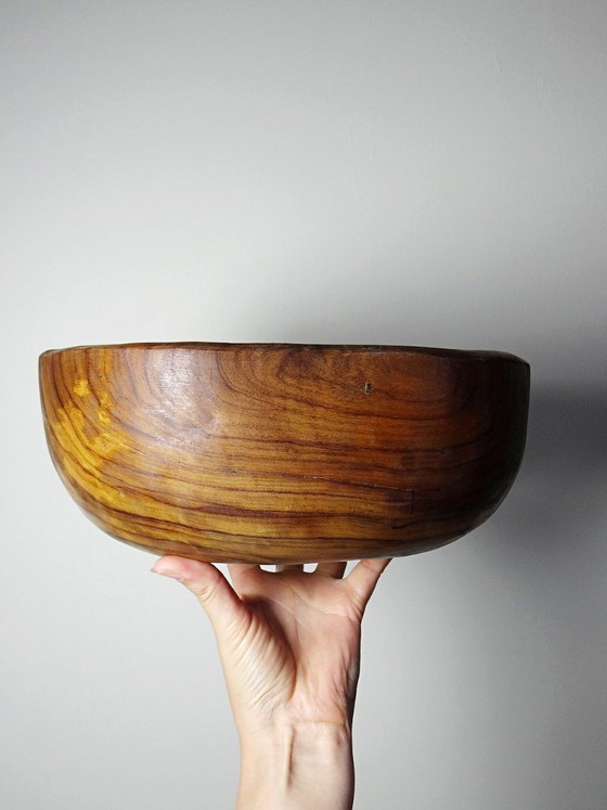 Image 1 of Large bowl made from a single piece of turned olive wood, 1950s-1970s