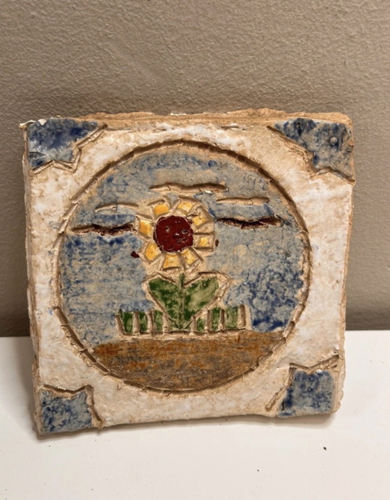 Image 1 of Brutalist Studio Ceramics | Sunflower Relief | Vintage Folk Art 1970s