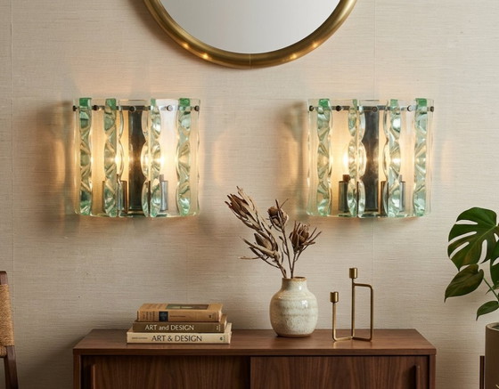 Image 1 of Een paar zeldzame vintage Zero Quattro Art wandlampen (Italië, jaren 70) in Fontana Arte-stijl