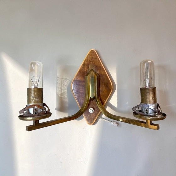 Image 1 of Vintage Mid Century Modern double opaline glass and wood wall sconce