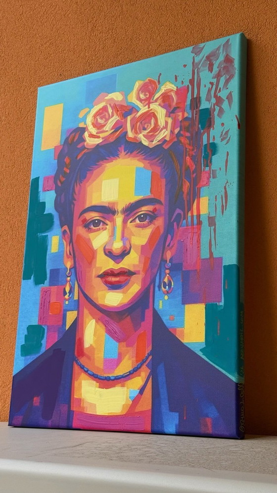 Image 1 of Azzurra Lo Bello - Frida Kahlo - Iconisch pop-geometrisch portret - Hedendaagse pop-art - Gemengde technieken op canvas