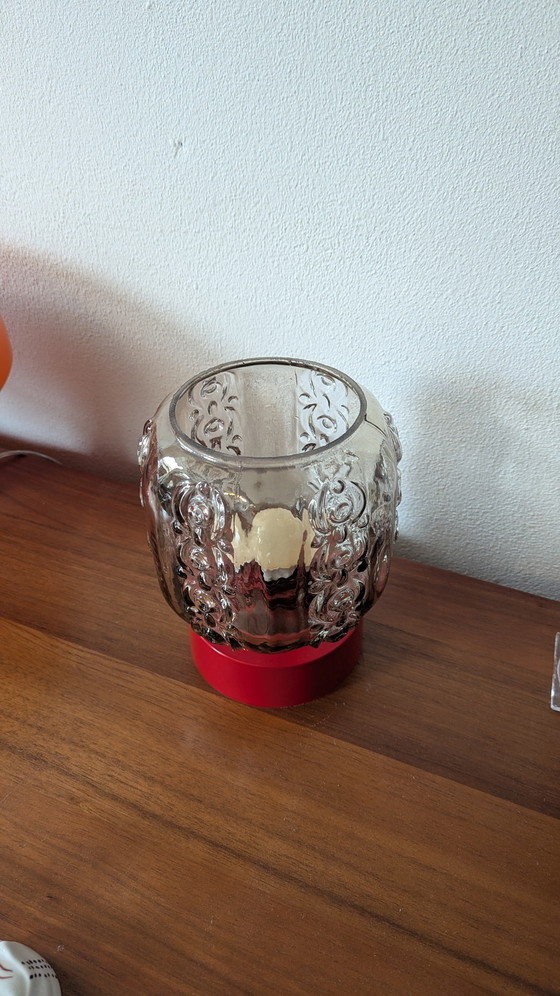 Image 1 of Art Deco Smoked Glass Red Base Table Lamp Mid-Century