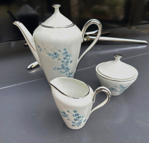 Genuine Sofafils de Limoges porcelain coffee/tea service with forget-me-not decoration