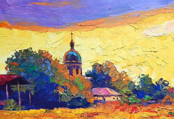 Original Oil Painting Rural Landscape Meadow Church Sunset Over The Village – Paintings & Drawings, Canvas (photo 4 of 7)