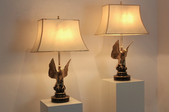 Coppia di Grandi Lampade da Tavolo Scultura Aquila in Ottone Belga per DeKnudt, Seta, Mid Century Modern (foto 2 di 16)