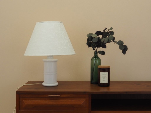 Lámpara de mesa de cristal Holmegaard con pantalla de tela, diseño danés, década de 1970. – tafellampen (photo 2 of 12)