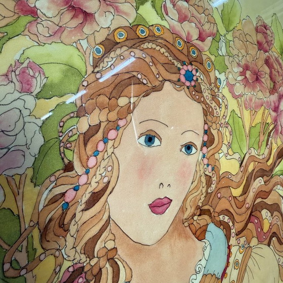 Seidengemälde im Jugendstil einer Frau mit Blumen, Gemälde & Zeichnungen, Papier, Holz, Mehrfarbig (Foto 11 von 13)