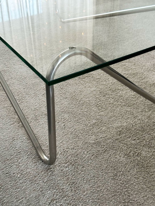 Vintage salontafel van glas met chrome buisframe – Bauhaus stijl