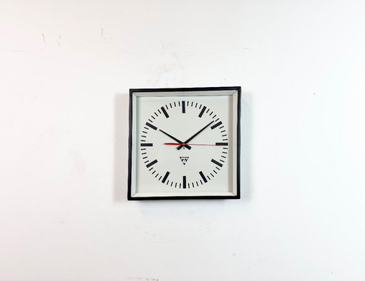 Black Industrial Square Wall Clock from Pragotron, 1970s